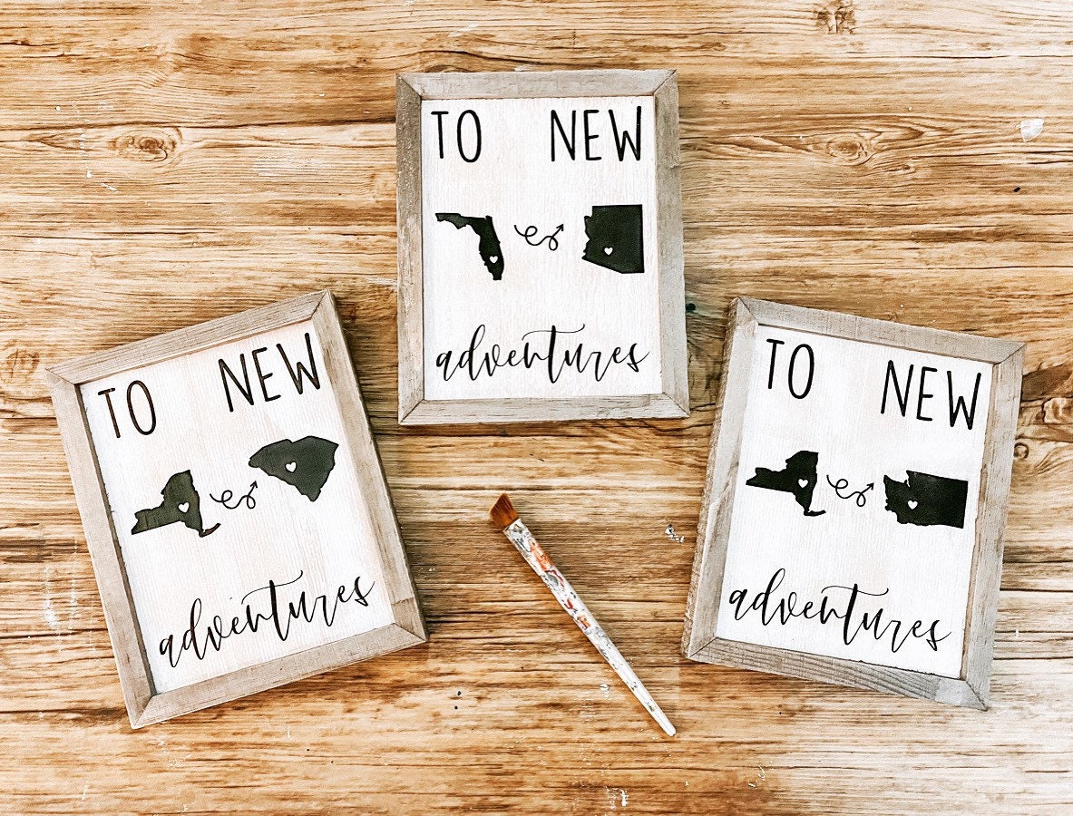 To New Adventures Custom Cross Country Home Decor Sign | Military Moving Sign | Personalized New Home Hand Painted Sign