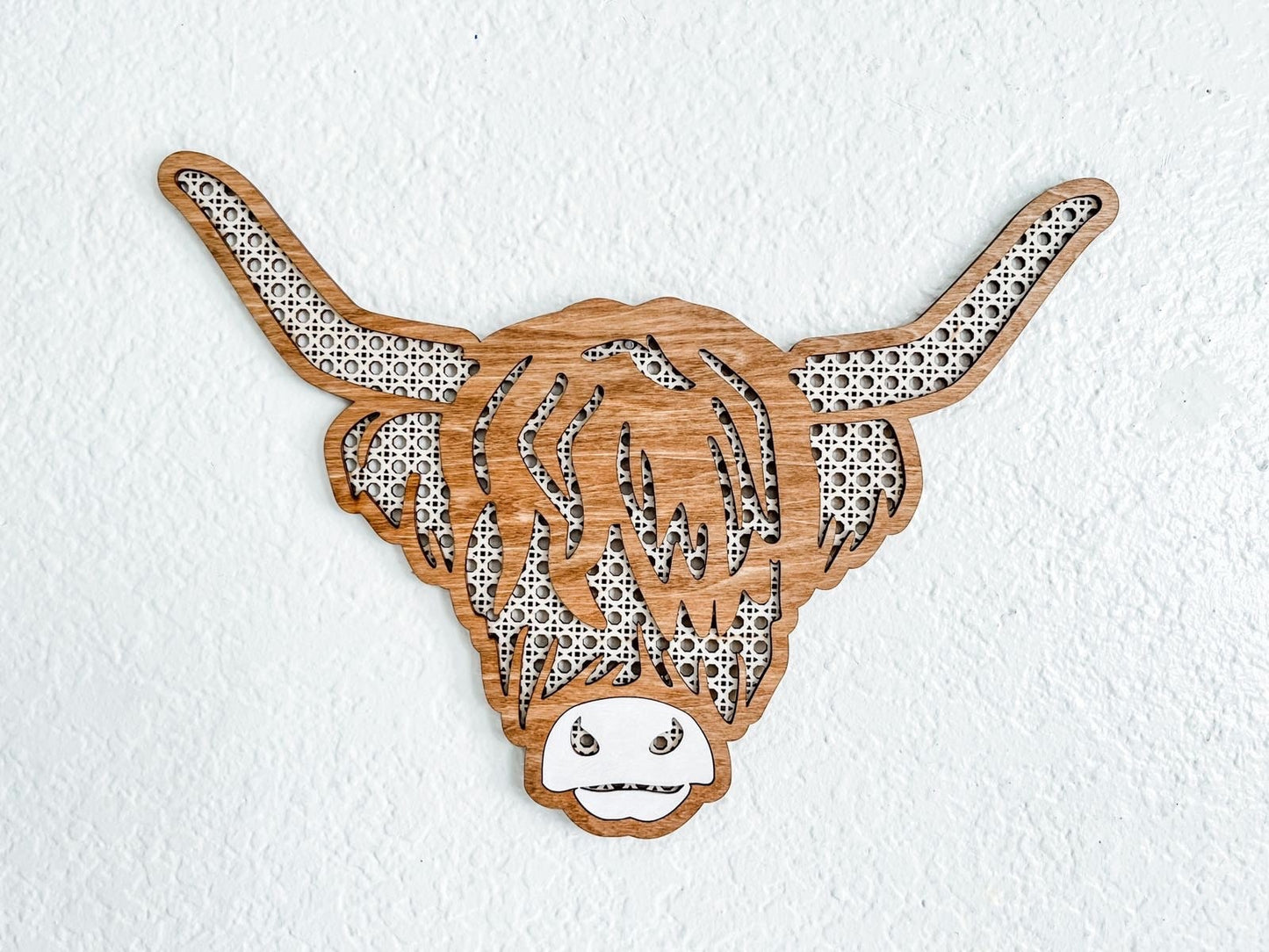 Highland Cow Farmhouse Laser Cut Home Decor | Laser Cut Boho Rattan Cow Home Decor