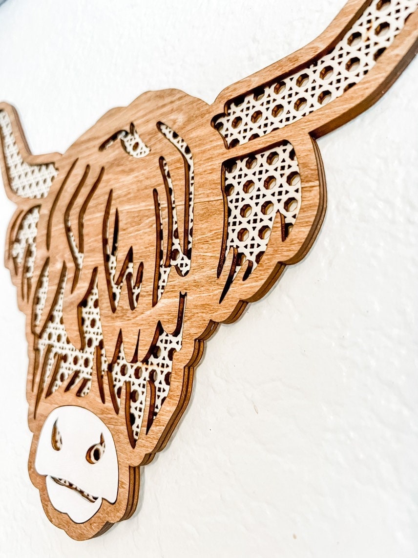 Highland Cow Farmhouse Laser Cut Home Decor | Laser Cut Boho Rattan Cow Home Decor