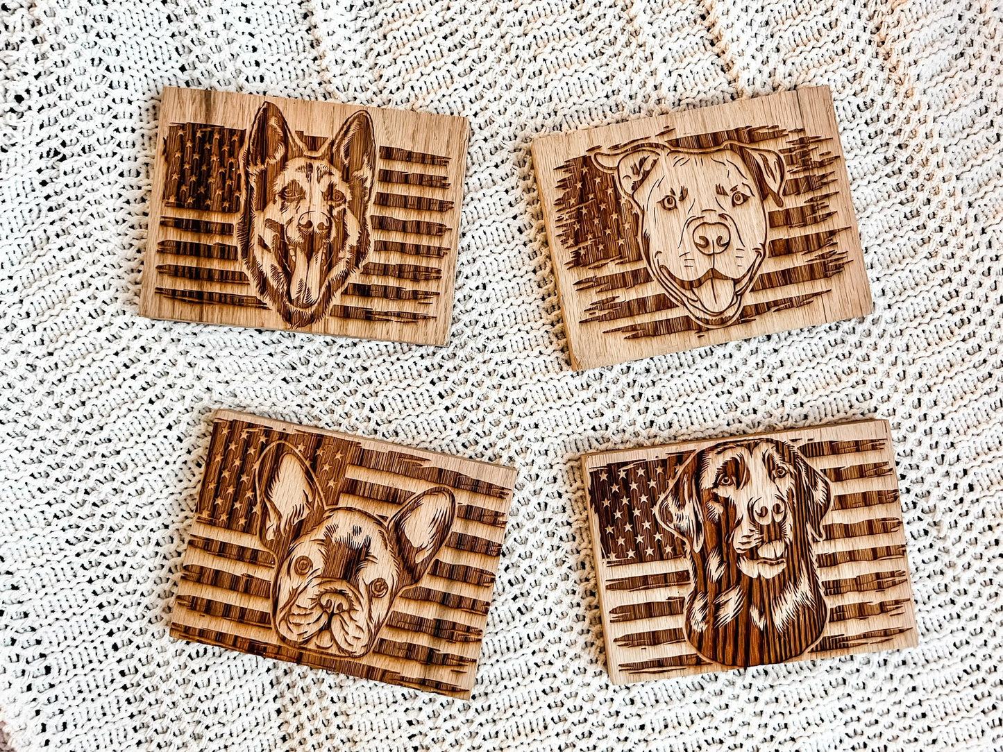 Laser Engraved Oak Dog American Flag Wood Plaque | Labrador, Pitbull, German Shepherd, French Bulldog