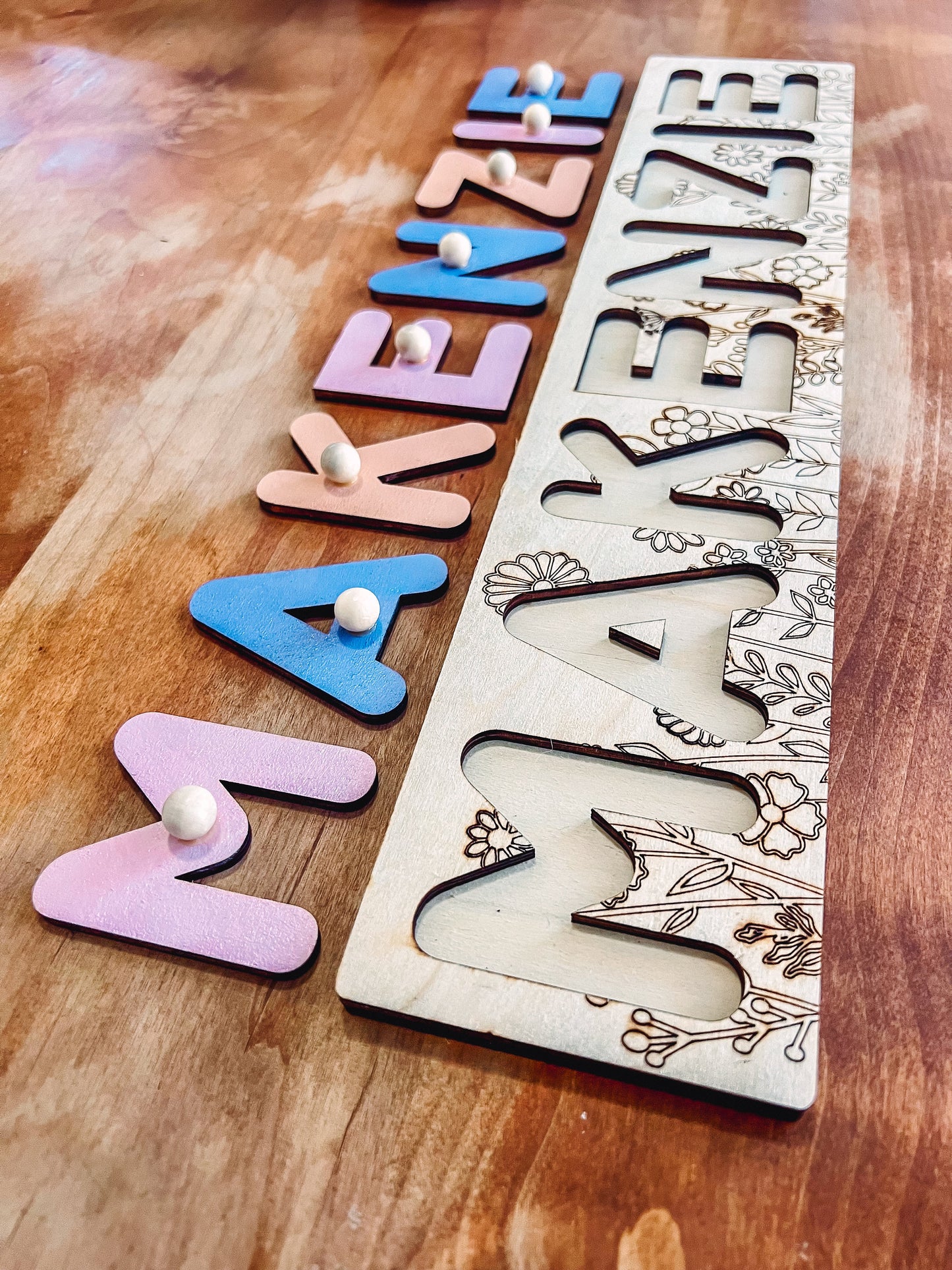 Personalized Wooden Name Puzzle With Pegs | Kids Christmas Gifts | Baby Shower Wooden Toddler Toys and Games | Custom Wildflower Puzzle
