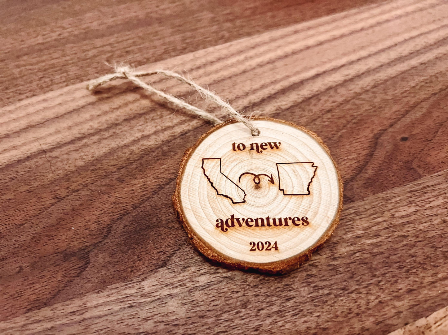 To New Adventures Cross Country Moving Ornament | Laser Engraved Live Edge Wood | Personalized States or Countries | Christmas Moving Gift