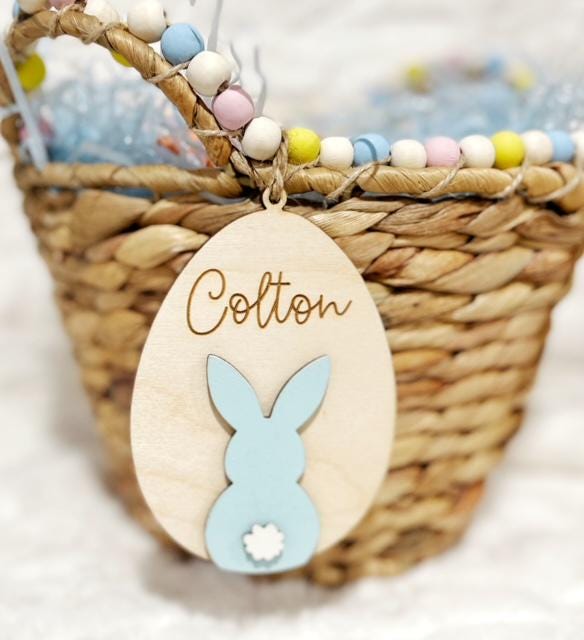 Personalized 3D Easter Basket Tag, Easter Bag Tag with Name, Custom Easter Decor, Wooden Easter Bunny Tag, Easter Gift for Kids