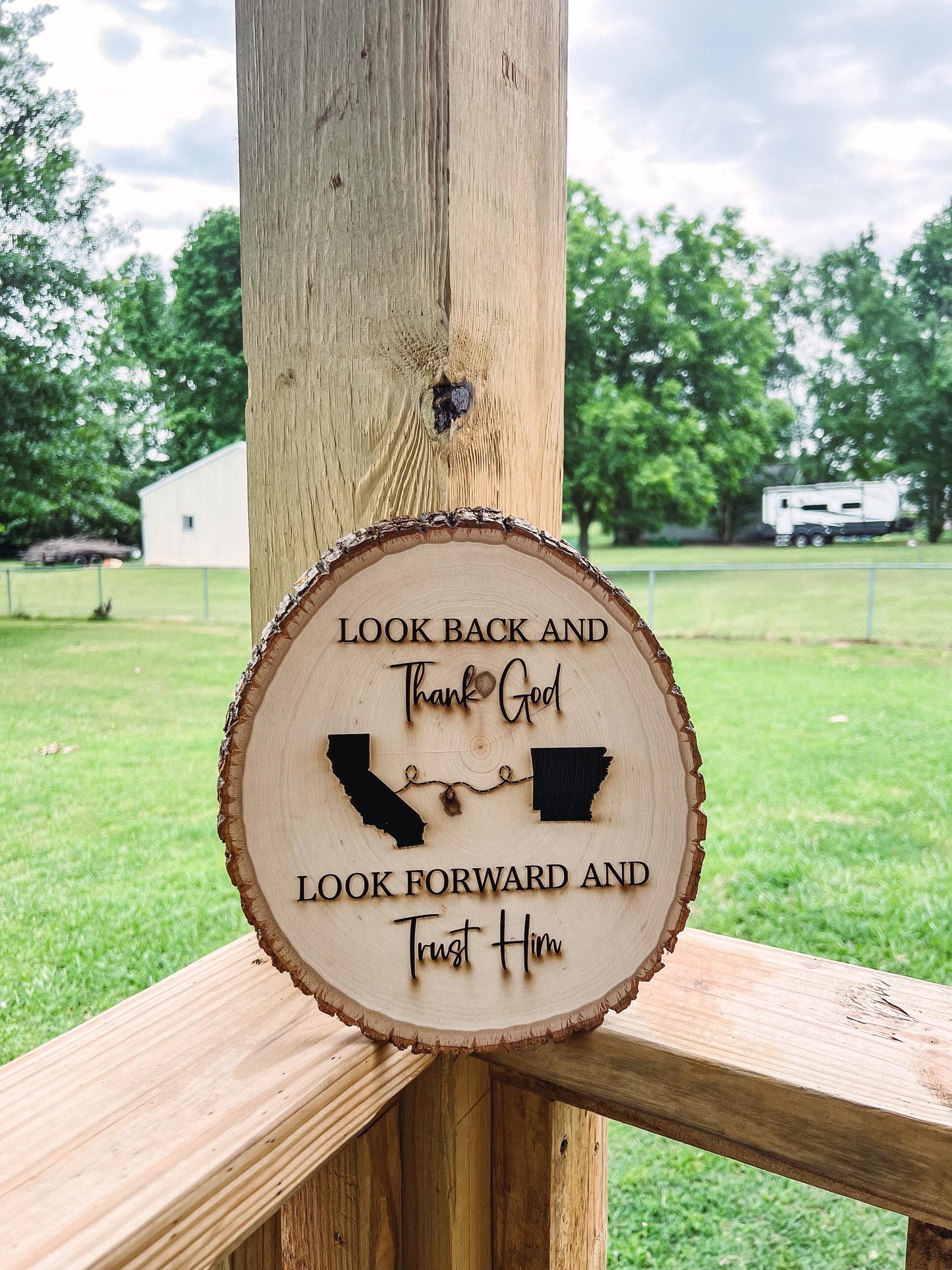Look Back and Thank God Look Forward and Trust Him | Laser-Engraved Live Edge Wood Religious Moving Sign | Christian Home Decor | Jesus Sign