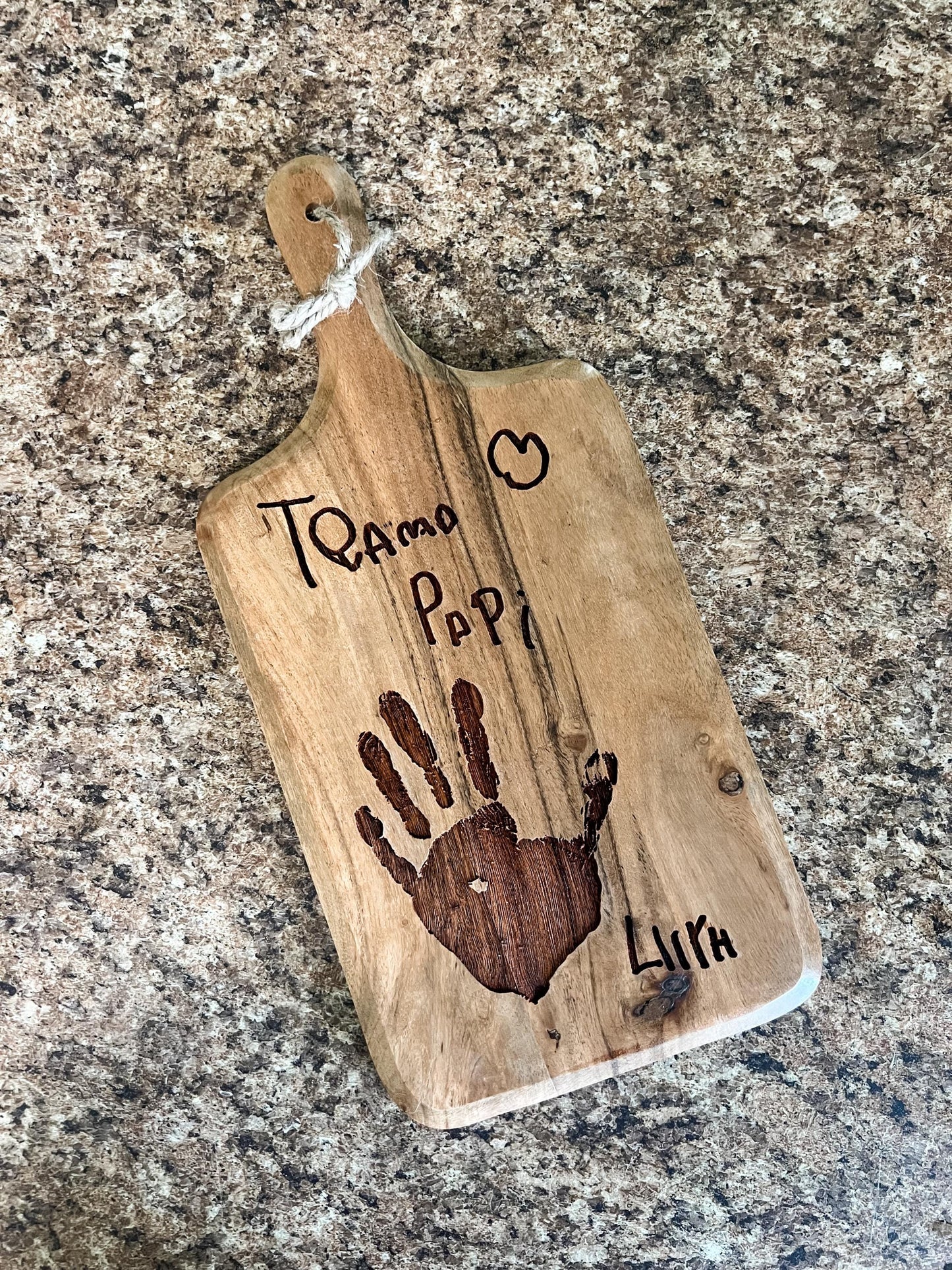 Laser Engraved Custom Acacia Wood Cutting Board with Handprint and Child's Writing | Personalized Message Charcuterie Board Gift for Mom Dad