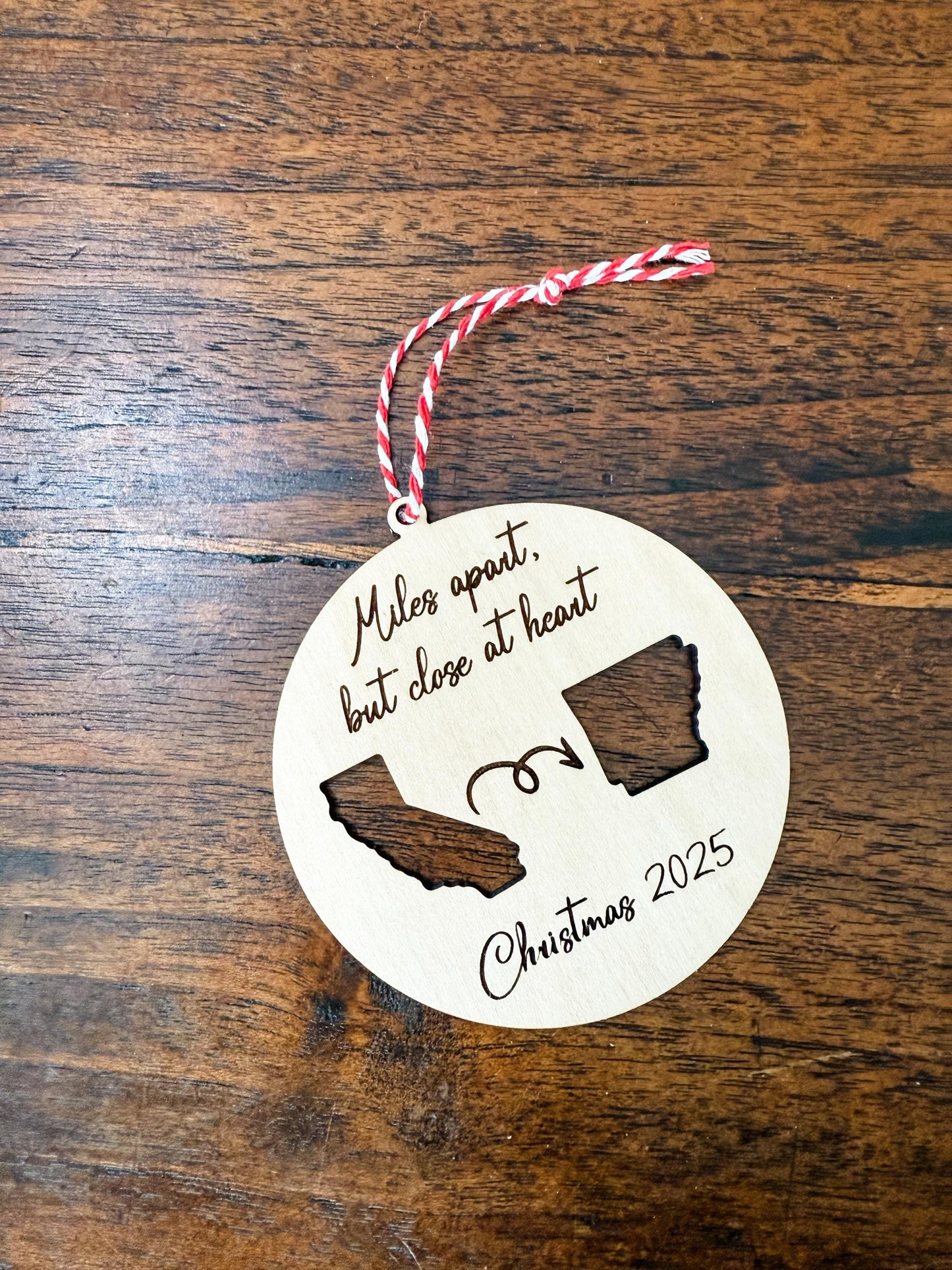 Miles Apart But Close At Heart Christmas Ornament | Laser Cut Personalized 2 States Family Ornament Christmas Customized Long Distance Gift