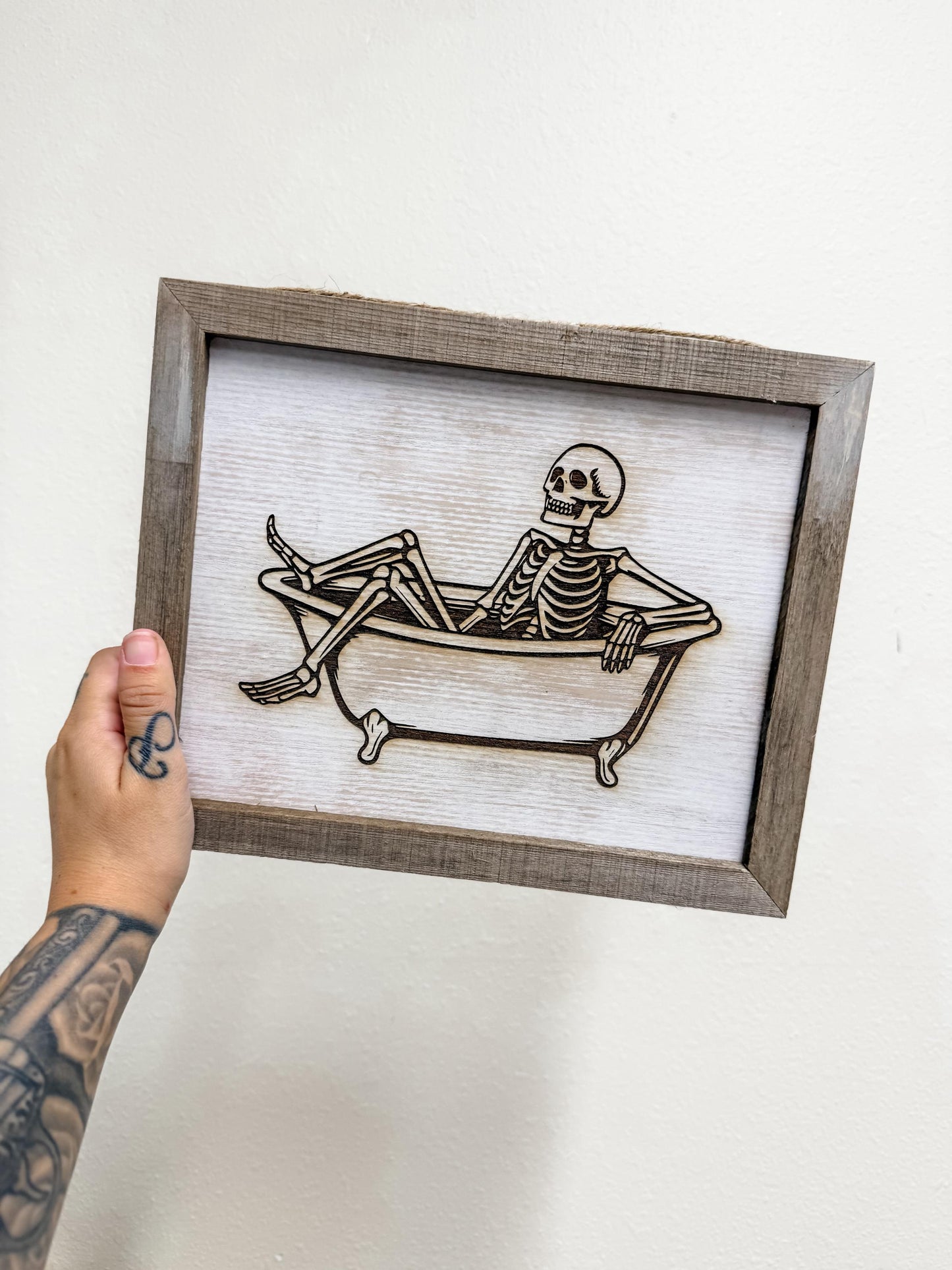 Skeleton in Bathtub Laser Engraved, Handmade Rustic Sign | Halloween Bathroom Decor | Spooky Season Decor | Halloween Decorations
