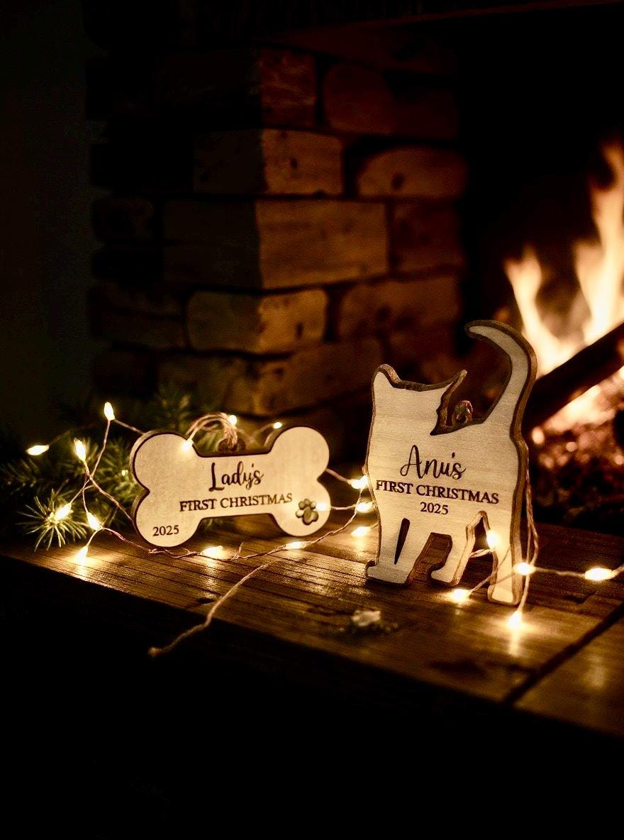 Dog or Cat's First Christmas Custom Ornament | Personalized Laser Engraved Wooden Pet Ornament | Dog or Cat Mom Dad Gift | Christmas Gift