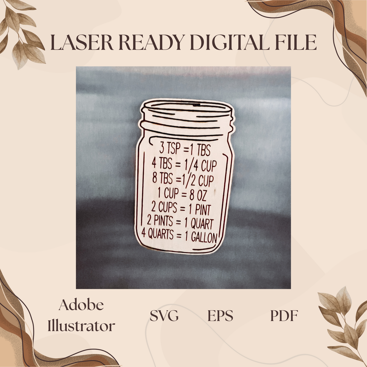 Kitchen Conversions Mason Jar Engrave & Cut File | Adobe Illustrator, SVG, EPS, PDF | Glowforge and Cricut Ready File