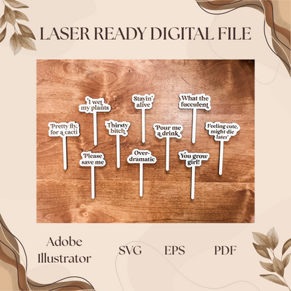 Funny Plant Stakes Set of 10, Plant Markers, Garden Signs | Engrave & Cut File | Adobe Illustrator, SVG, EPS, PDF | Glowforge, Cricut Ready