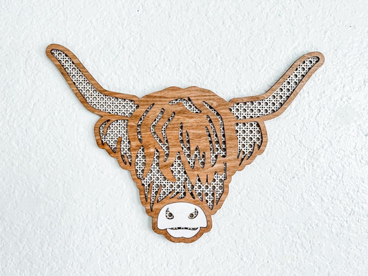 Highland Cow Farmhouse Laser Cut Home Decor | Laser Cut Boho Rattan Cow Home Decor