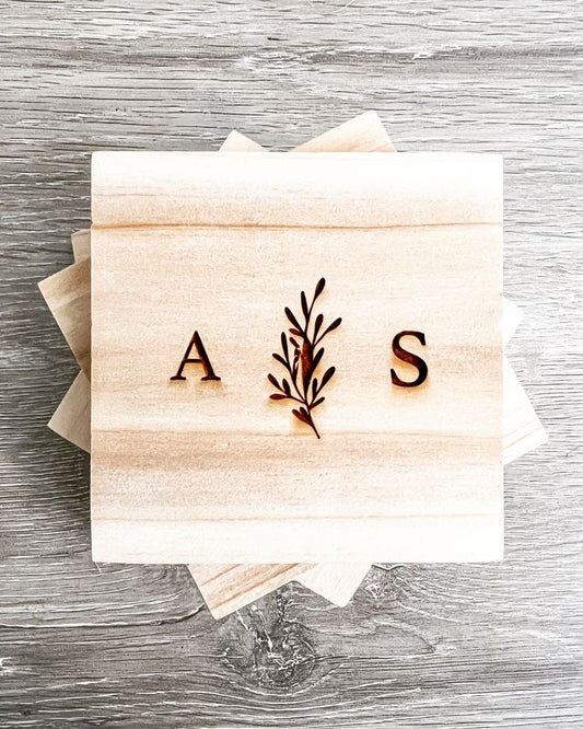 Monogram Personalized Laser Engraved 4 Pack Wood Coasters | Wedding Anniversary Gift Custom Coasters