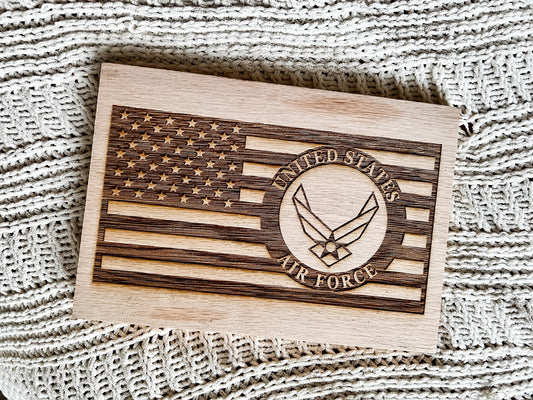 Military Engraved Wooden American Flag | Marines, Army, Navy, Air Force, Space Force, Coast Guard, National Guard Personalized Wood Plaque