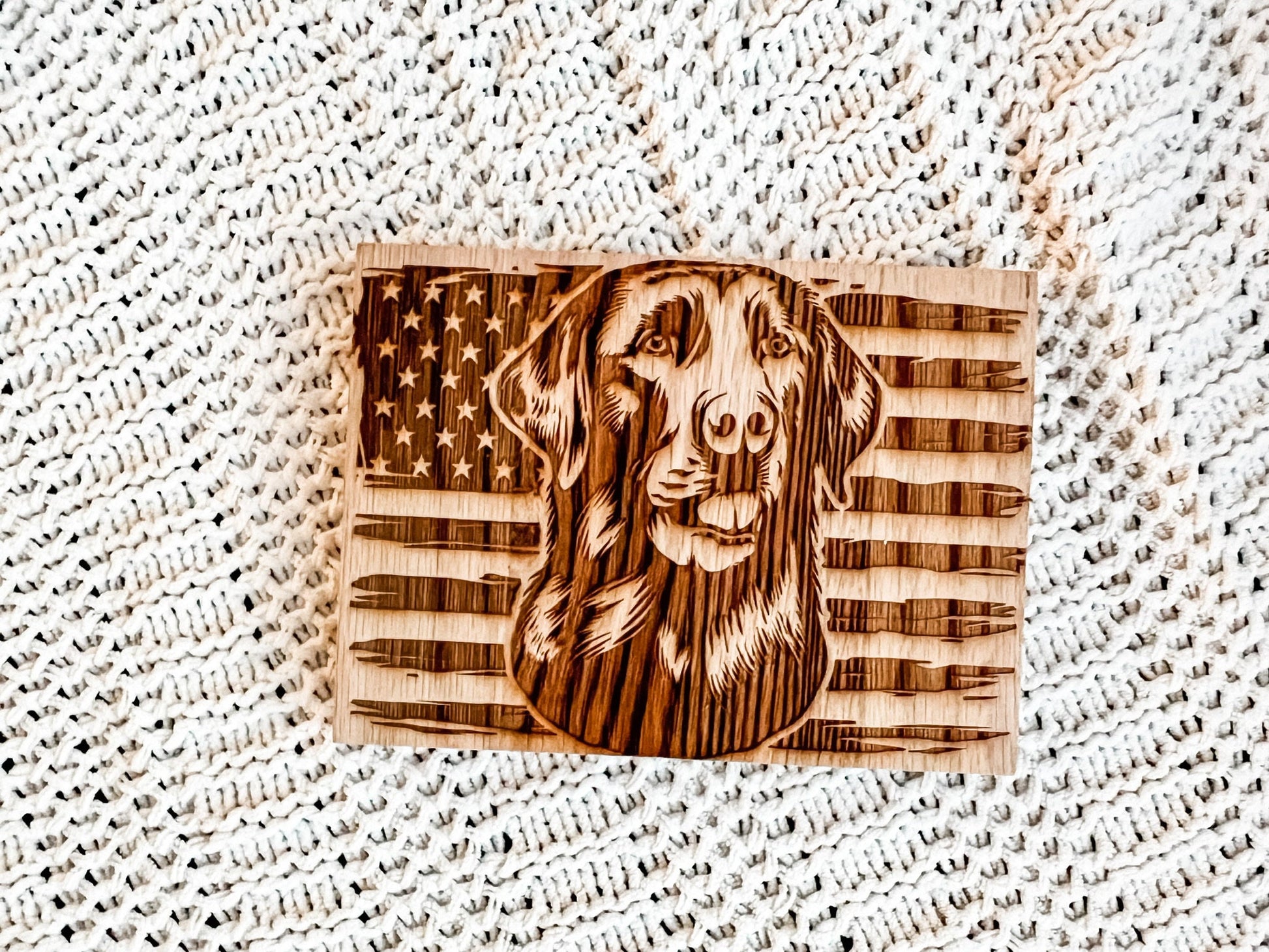 Laser Engraved Oak Dog American Flag Wood Plaque | Labrador, Pitbull, German Shepherd, French Bulldog