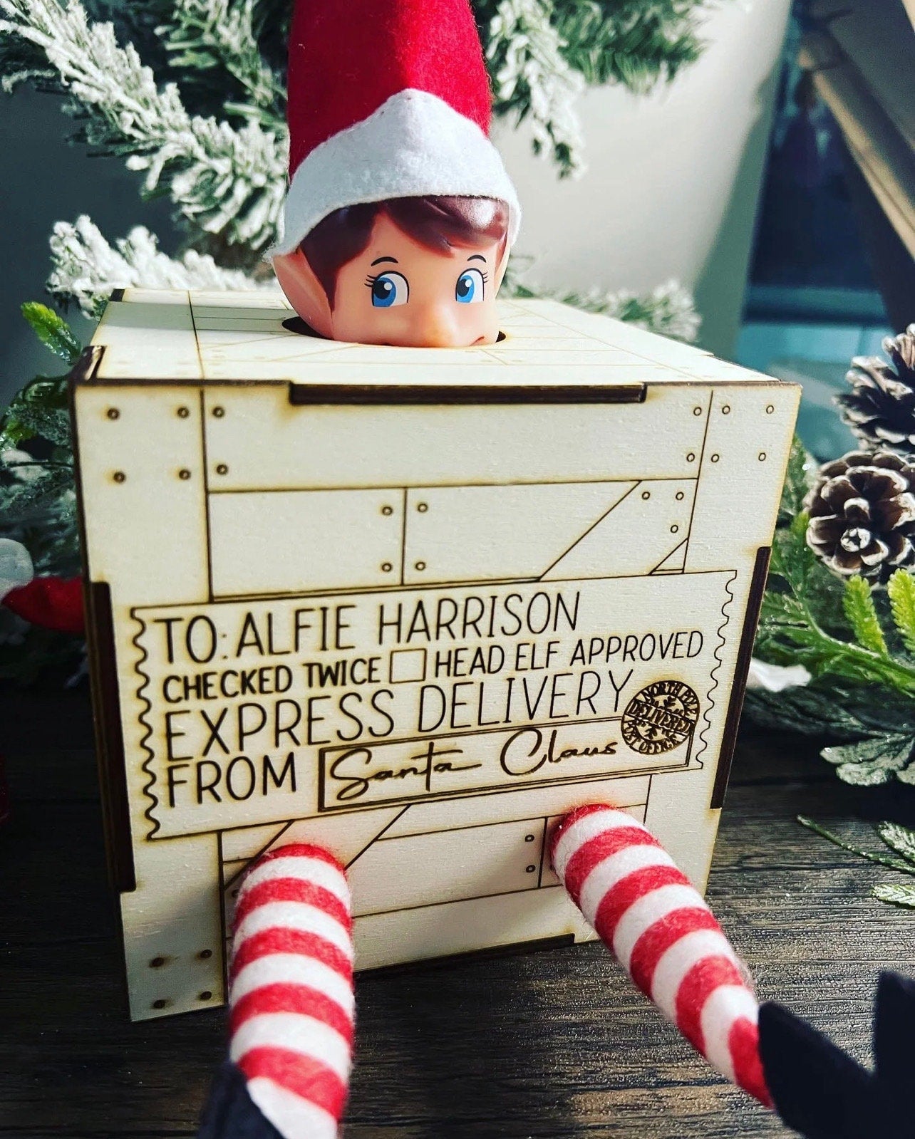 Christmas Elf Delivery Crate | Laser Engraved Persnalized Wood Holiday Crate | Child’s Name Custom Box