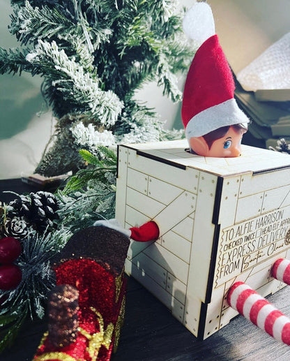 Christmas Elf Delivery Crate | Laser Engraved Persnalized Wood Holiday Crate | Child’s Name Custom Box