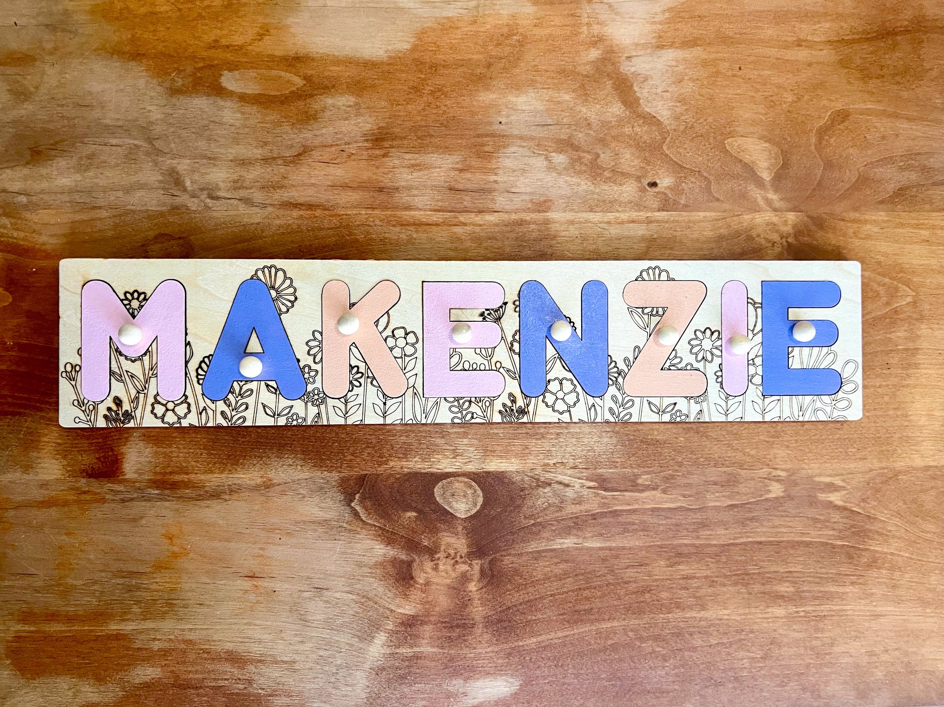Personalized Wooden Name Puzzle With Pegs | Kids Christmas Gifts | Baby Shower Wooden Toddler Toys and Games | Custom Wildflower Puzzle
