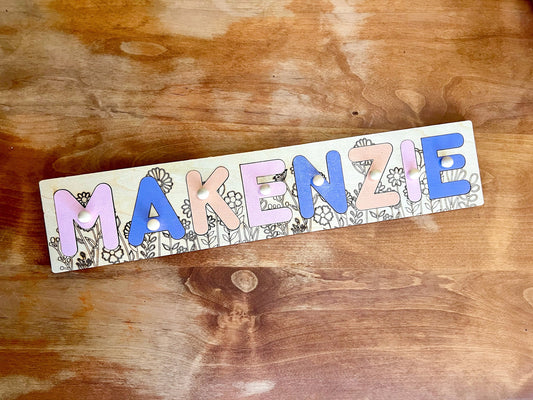 Personalized Wooden Name Puzzle With Pegs | Kids Christmas Gifts | Baby Shower Wooden Toddler Toys and Games | Custom Wildflower Puzzle