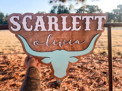 Custom Longhorn Kids Name Sign | Cow Nursery Decor | Bull Head Name Sign | Cowgirl or Cowboy Kids Name Sign | 3D Western Nursery Room Decor