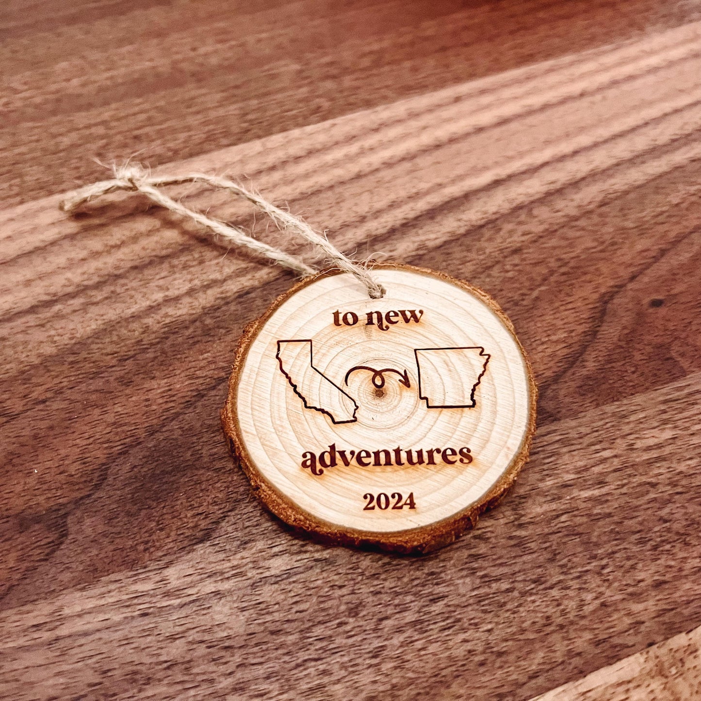 To New Adventures Cross Country Moving Ornament | Laser Engraved Live Edge Wood | Personalized States or Countries | Christmas Moving Gift