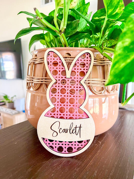 Personalized Rattan 3D Easter Basket Tag, Easter Bag Tag with Name, Custom Easter Decor, Wooden Easter Bunny Tag, Easter Gift for Kids