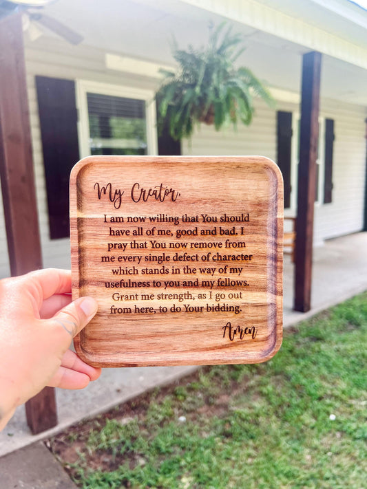 Laser Engraved Acacia Wood Custom 7th Step AA Prayer Jewelry Dish | Recovery Prayer Medallian Tray | Personalized Coin or Trinket Dish