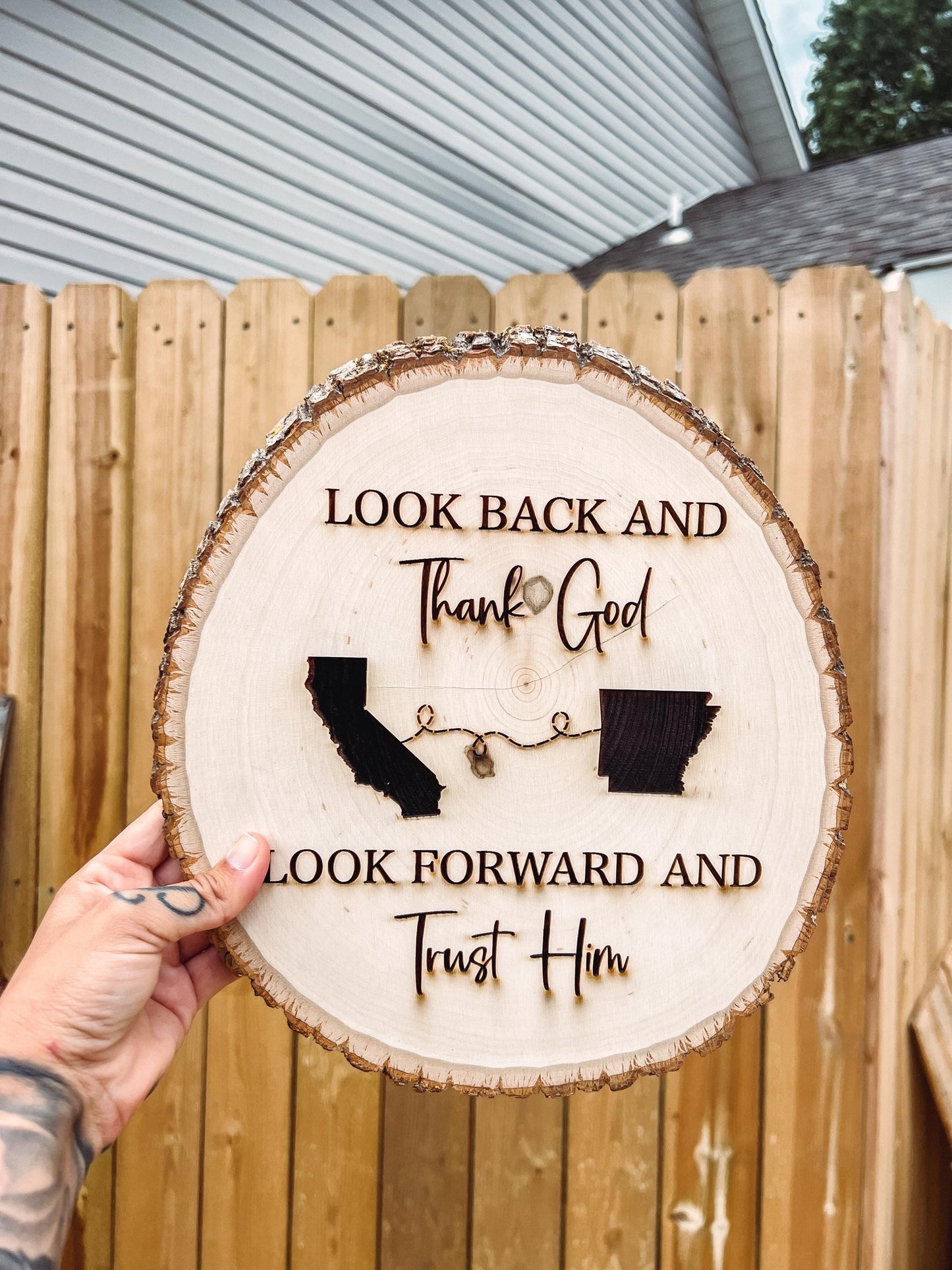 Look Back and Thank God Look Forward and Trust Him | Laser-Engraved Live Edge Wood Religious Moving Sign | Christian Home Decor | Jesus Sign