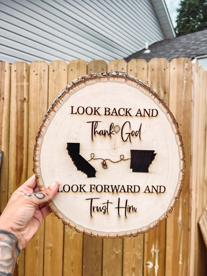 Look Back and Thank God Look Forward and Trust Him | Laser-Engraved Live Edge Wood Religious Moving Sign | Christian Home Decor | Jesus Sign