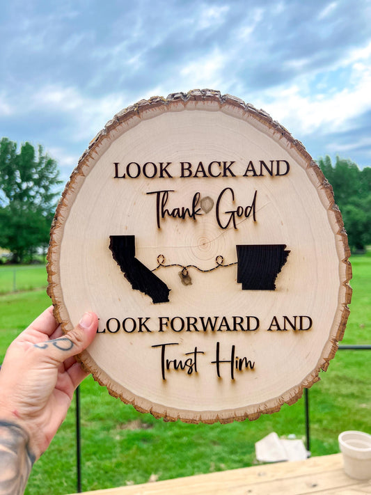 Look Back and Thank God Look Forward and Trust Him | Laser-Engraved Live Edge Wood Religious Moving Sign | Christian Home Decor | Jesus Sign