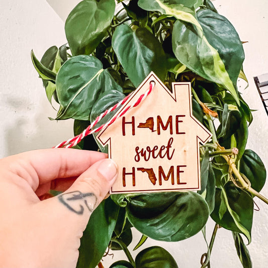Home Sweet Home House Shaped Cross Country Moving Laser Cut Personalized Custom Ornament