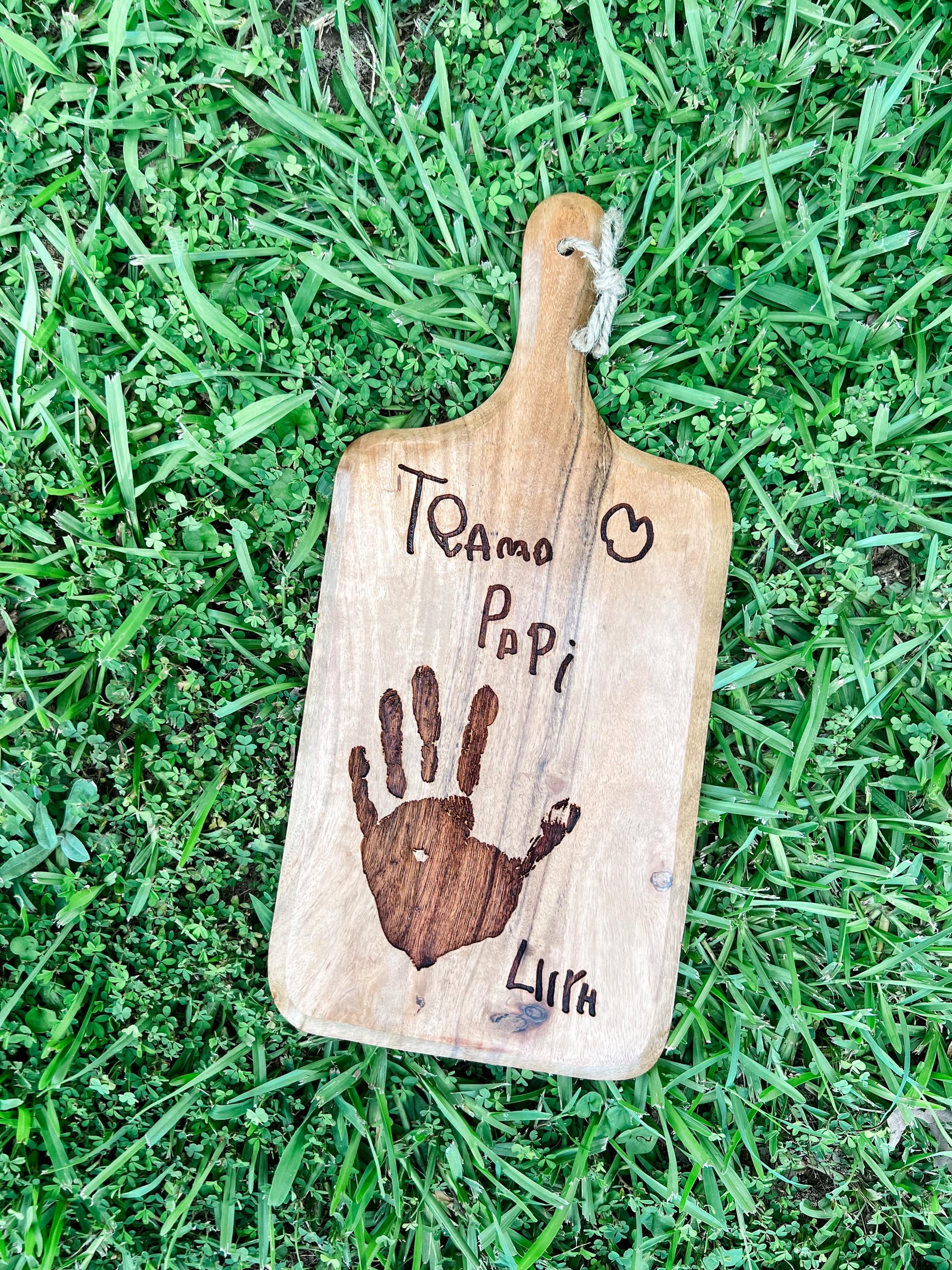 Laser Engraved Custom Acacia Wood Cutting Board with Handprint and Child's Writing | Personalized Message Charcuterie Board Gift for Mom Dad