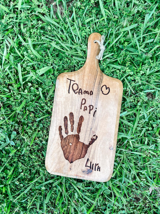 Laser Engraved Custom Acacia Wood Cutting Board with Handprint and Child's Writing | Personalized Message Charcuterie Board Gift for Mom Dad