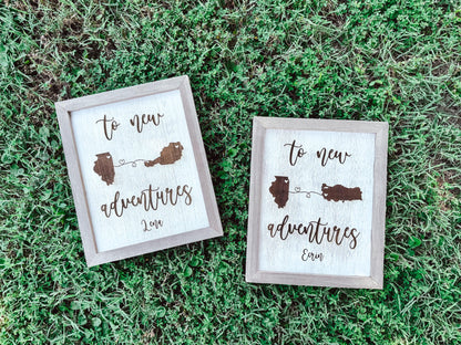 New Adventures Laser Engraved Custom Cross Country Home Decor Sign, Military Moving Sign, Personalized New Home Sign with State or Country