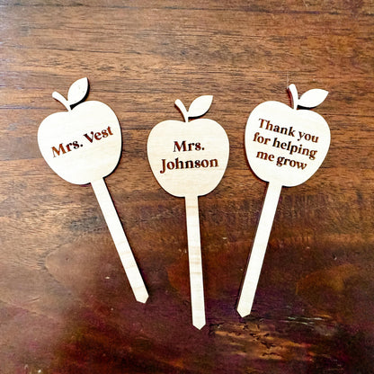 Thank You for Helping Me Grow Teachers Gift, Personalized Wooden Plant Stakes, Custom Apple Plant Markers, Teacher Appreciation Gift Student