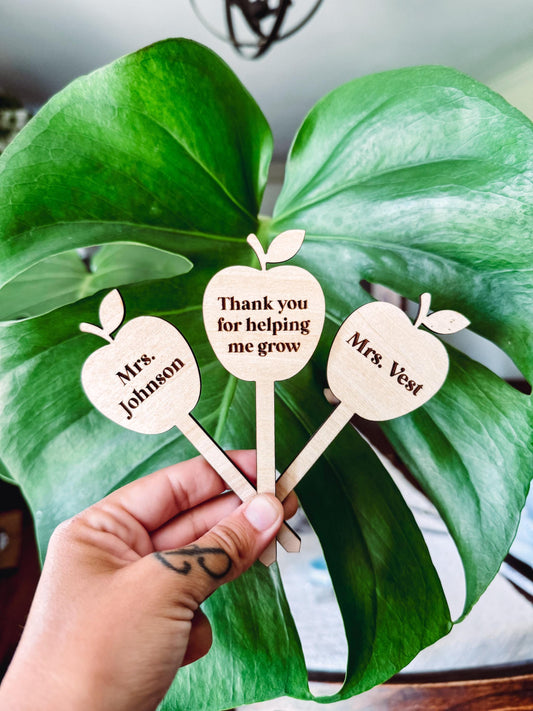 Thank You for Helping Me Grow Teachers Gift, Personalized Wooden Plant Stakes, Custom Apple Plant Markers, Teacher Appreciation Gift Student