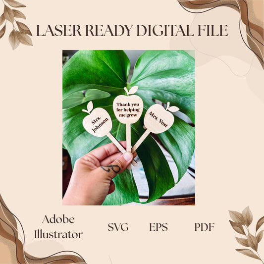Apple Plant Stakes, Teacher Gift Plant Markers, Garden Signs, Engrave & Cut File, Adobe Illustrator, SVG, EPS, PDF | Glowforge, Cricut Ready