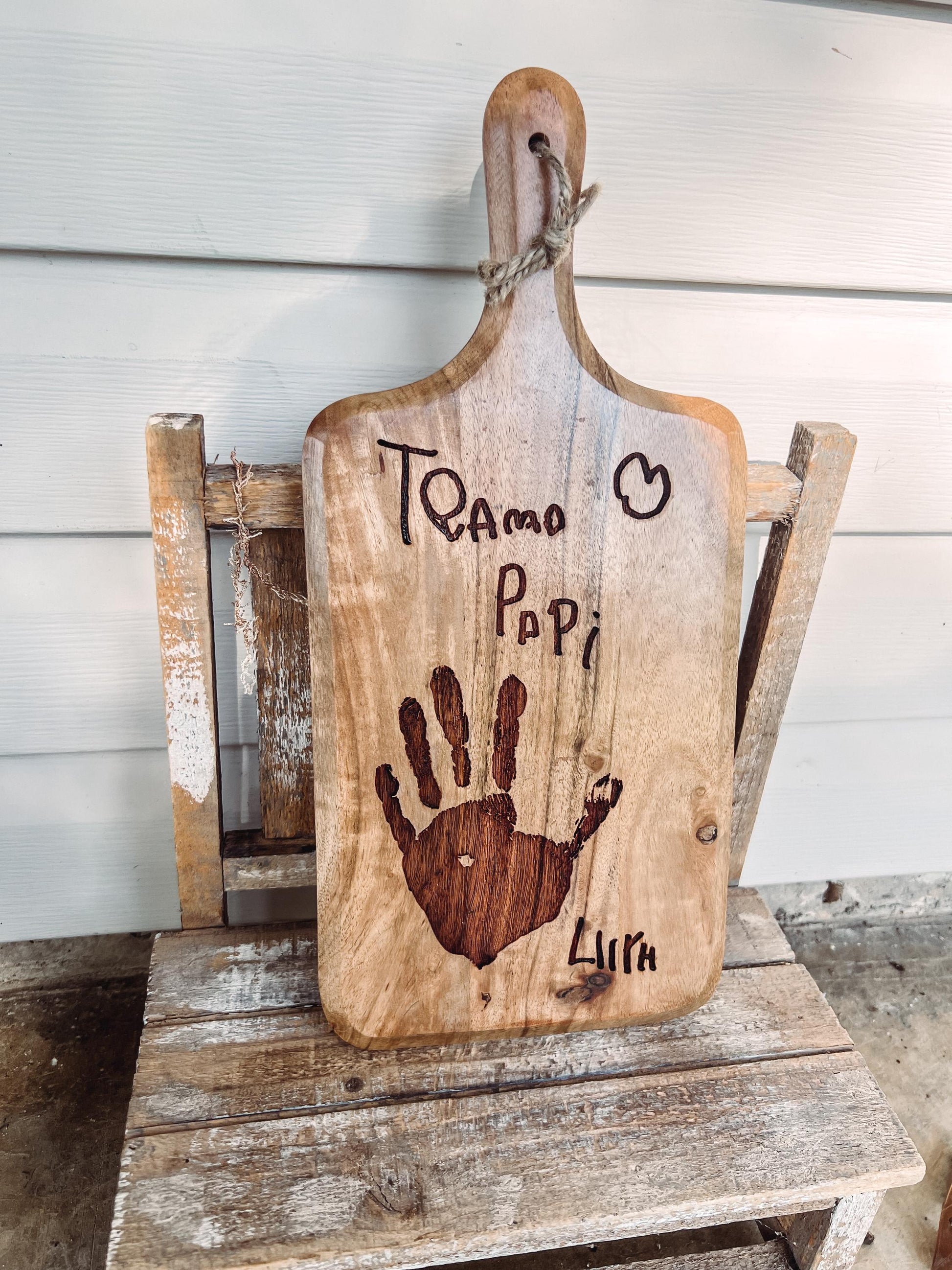 Laser Engraved Custom Acacia Wood Cutting Board with Handprint and Child's Writing | Personalized Message Charcuterie Board Gift for Mom Dad