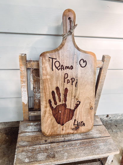 Laser Engraved Custom Acacia Wood Cutting Board with Handprint and Child's Writing | Personalized Message Charcuterie Board Gift for Mom Dad
