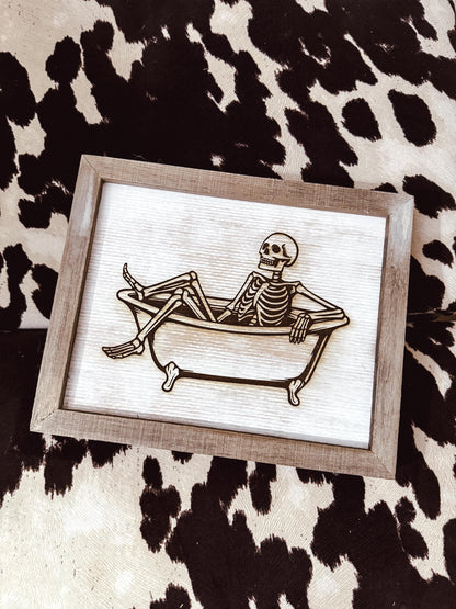 Skeleton in Bathtub Laser Engraved, Handmade Rustic Sign | Halloween Bathroom Decor | Spooky Season Decor | Halloween Decorations
