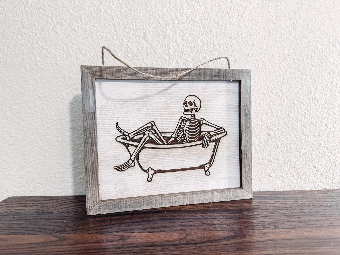Skeleton in Bathtub Laser Engraved, Handmade Rustic Sign | Halloween Bathroom Decor | Spooky Season Decor | Halloween Decorations
