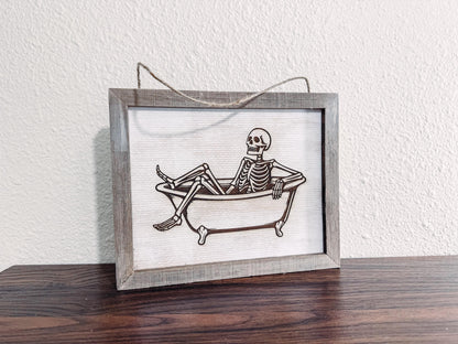 Skeleton in Bathtub Laser Engraved, Handmade Rustic Sign | Halloween Bathroom Decor | Spooky Season Decor | Halloween Decorations