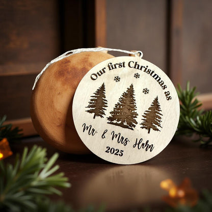 Our First Christmas As Mr. & Mrs. Personalized Basswood Laser Engraved Ornament | First Christmas Married Custom Wood Wedding Newlywed Gift
