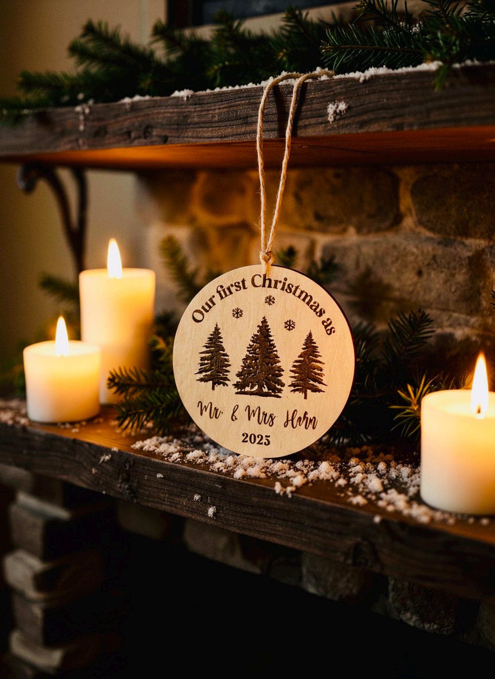 Our First Christmas As Mr. & Mrs. Personalized Basswood Laser Engraved Ornament | First Christmas Married Custom Wood Wedding Newlywed Gift