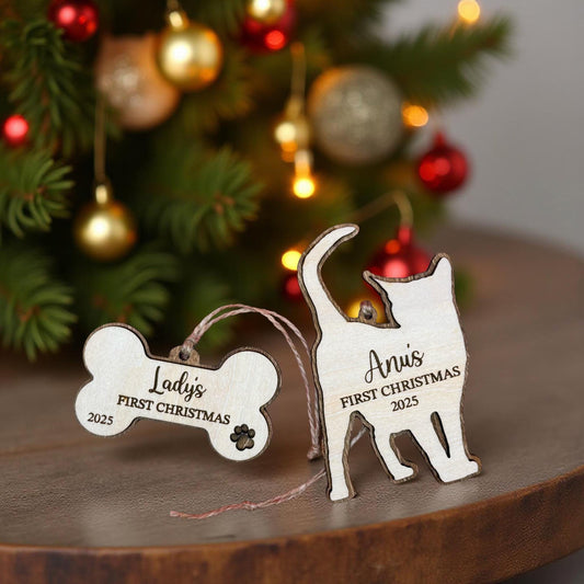 Dog or Cat's First Christmas Custom Ornament | Personalized Laser Engraved Wooden Pet Ornament | Dog or Cat Mom Dad Gift | Christmas Gift