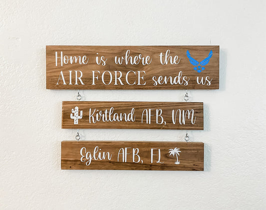 Home Is Where The Military Sends Us Custom Walnut Moving Sign / Air Force / Army / Coast Guard / Marines / National Guard / Navy