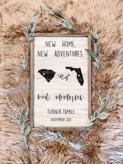 New Home, New Adventures, New Memories Custom Cross Country Moving Sign