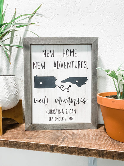 New Home, New Adventures, New Memories Custom Cross Country Moving Sign