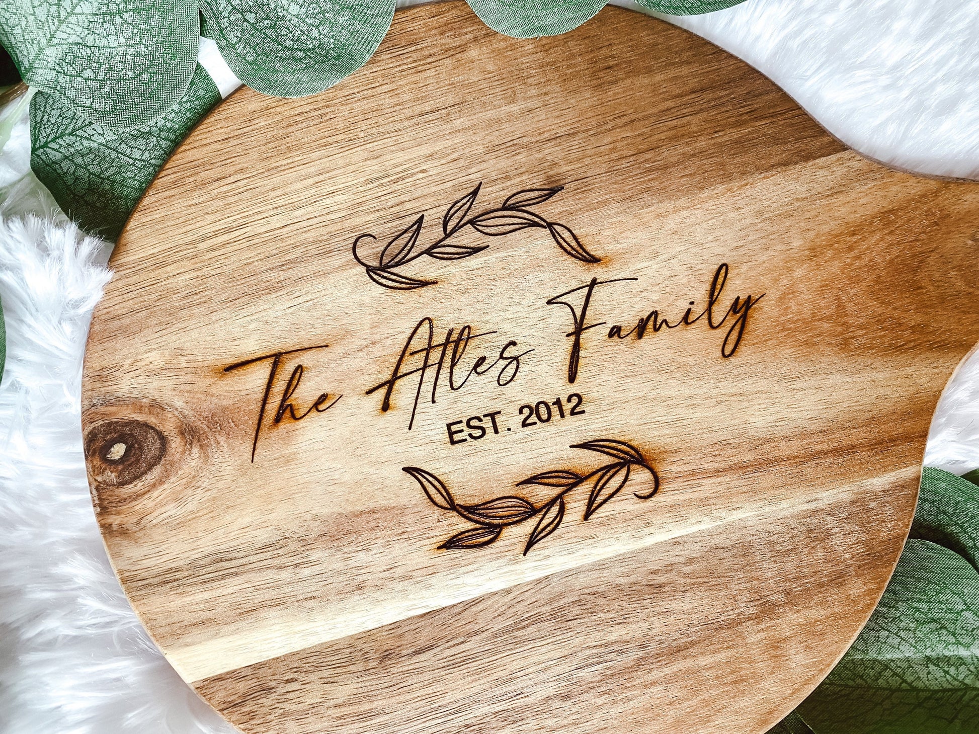 Laser Cut Family Name Acacia Cutting Board / Personalized Last Name / Established Date for Wedding Gift