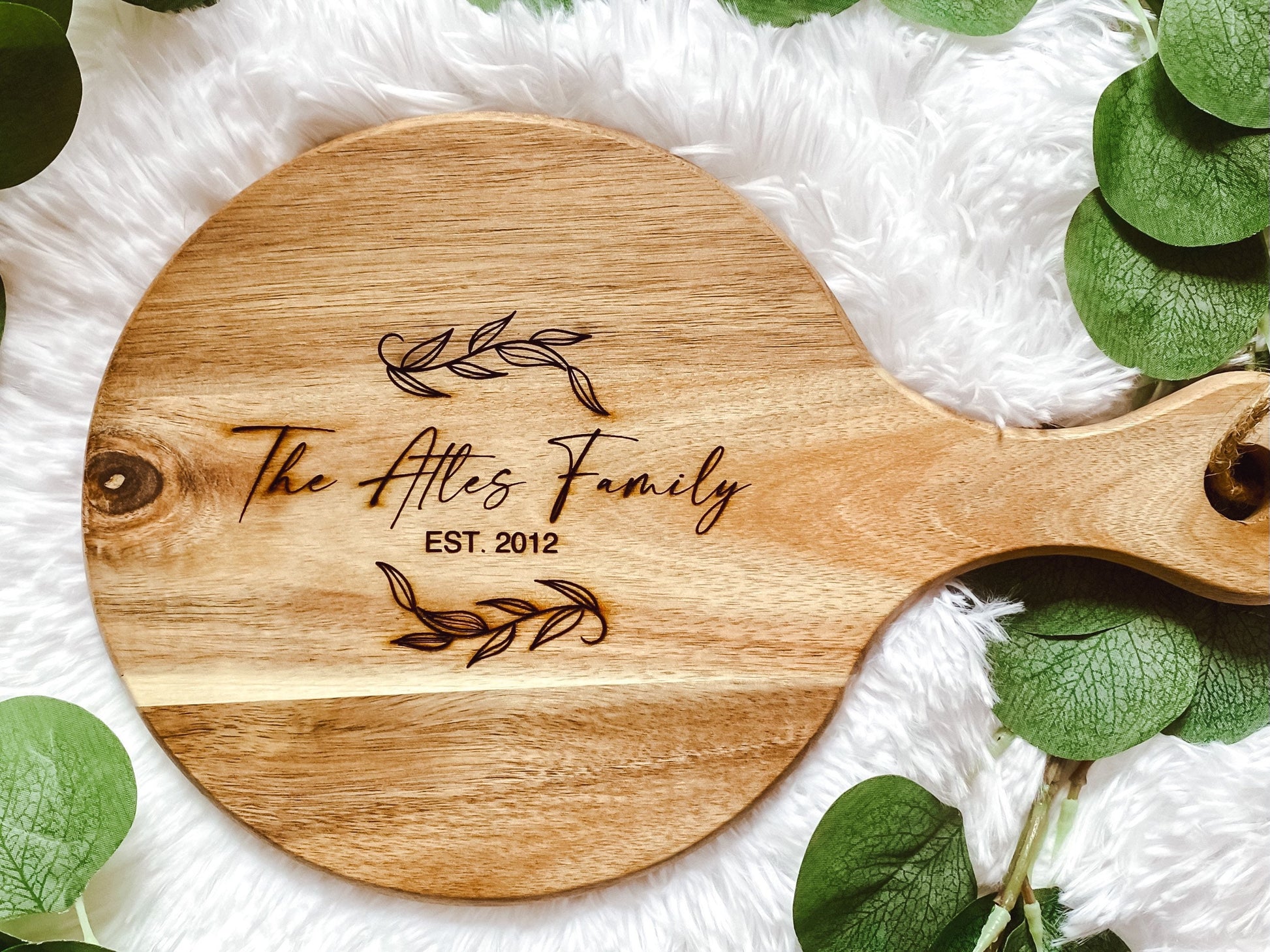 Laser Cut Family Name Acacia Cutting Board / Personalized Last Name / Established Date for Wedding Gift