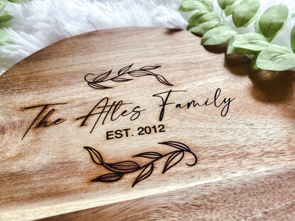 Laser Cut Family Name Acacia Cutting Board / Personalized Last Name / Established Date for Wedding Gift